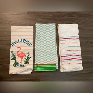 Set of Three Vibrant Flamingo pink and teal Decorative Kitchen Towels -NWOT